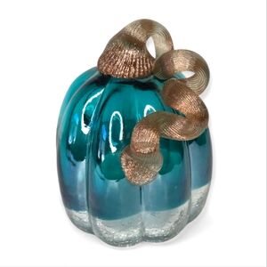 Glitzhome Teal Turquoise Hand Blown Crackle Glass And Glitter Pumpkin Fall Decor